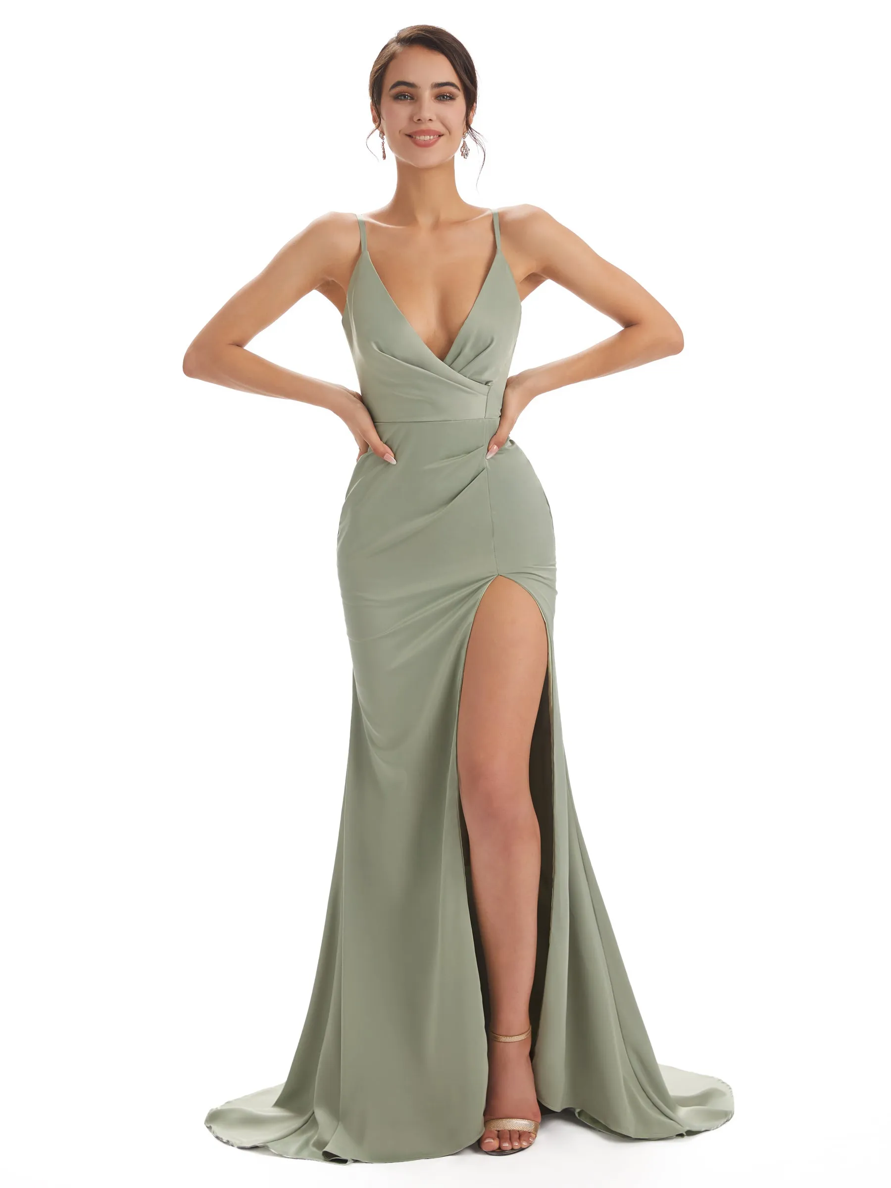 Sexy Soft Satin Side Slit Spaghetti Straps V-neck Long Mermaid Bridesmaid Dresses sold by ChicSew product image thumbnail 2