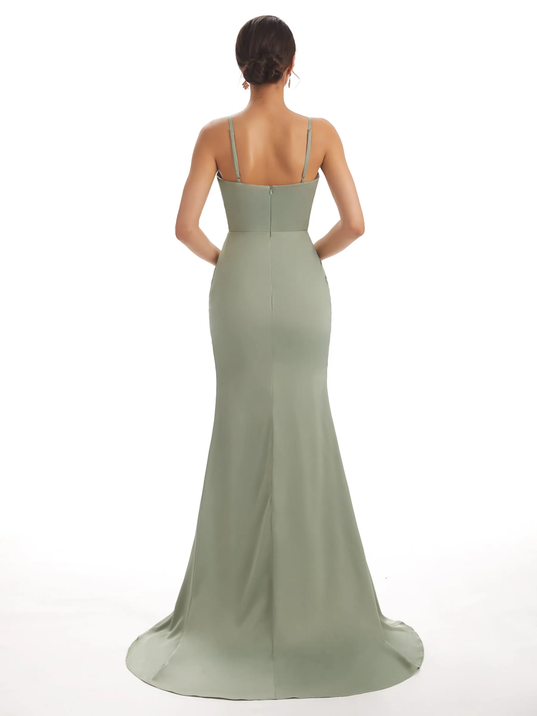 Sexy Soft Satin Side Slit Spaghetti Straps V-neck Long Mermaid Bridesmaid Dresses sold by ChicSew product image thumbnail 4