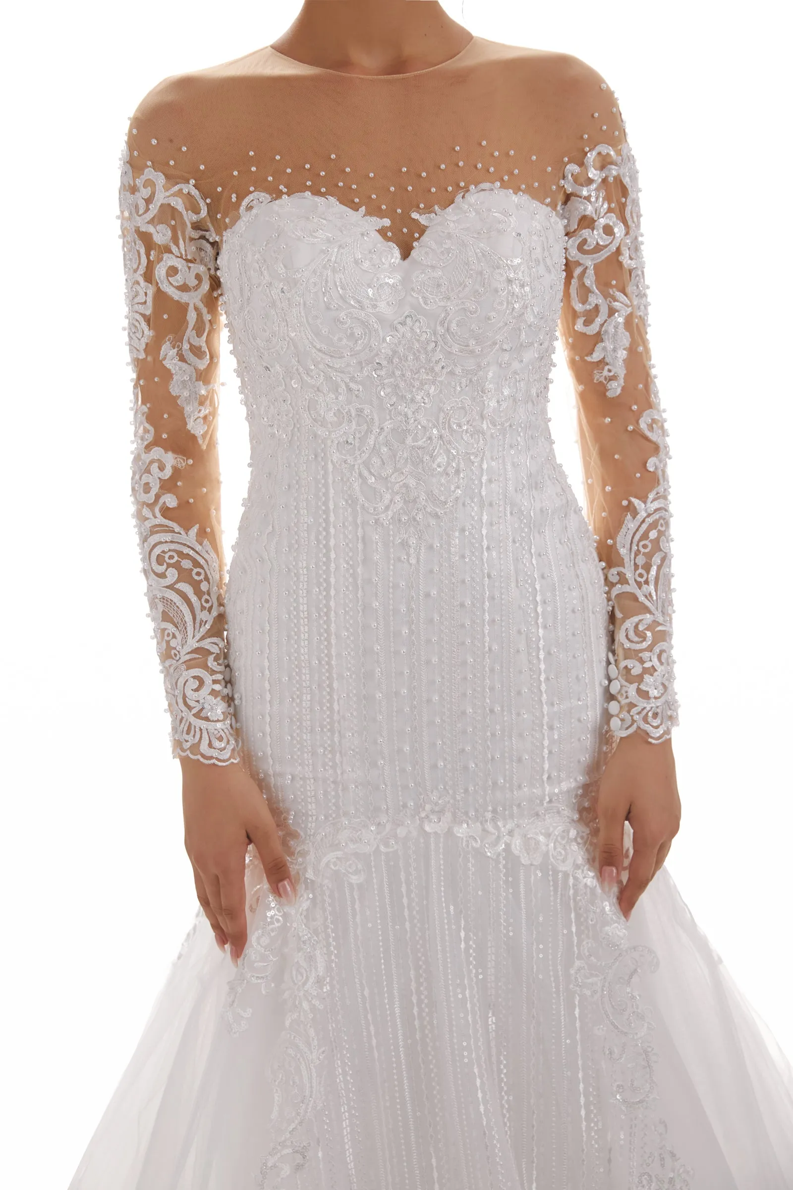 Sweetheart Long Sleeves Long Mermaid Ivory Lace Chapel Train Wedding Dresses sold by ChicSew product image thumbnail 4
