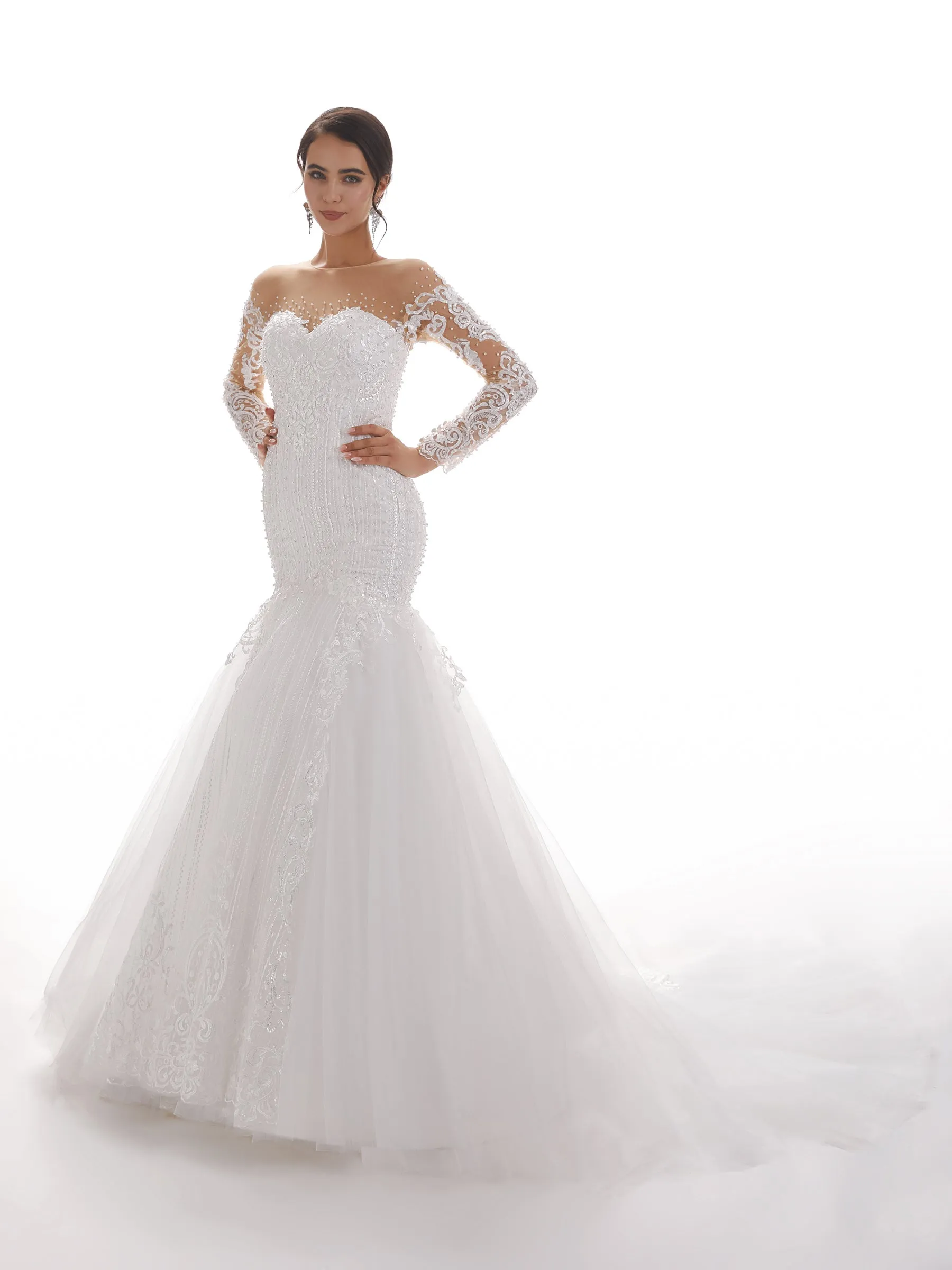 Sweetheart Long Sleeves Long Mermaid Ivory Lace Chapel Train Wedding Dresses sold by ChicSew product image thumbnail 5