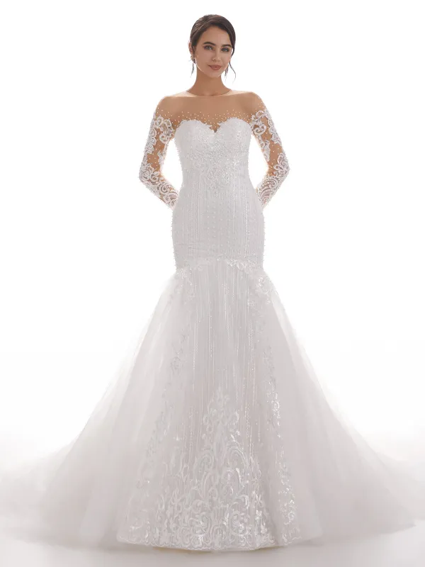 Sweetheart Long Sleeves Long Mermaid Ivory Lace Chapel Train Wedding Dresses sold by ChicSew