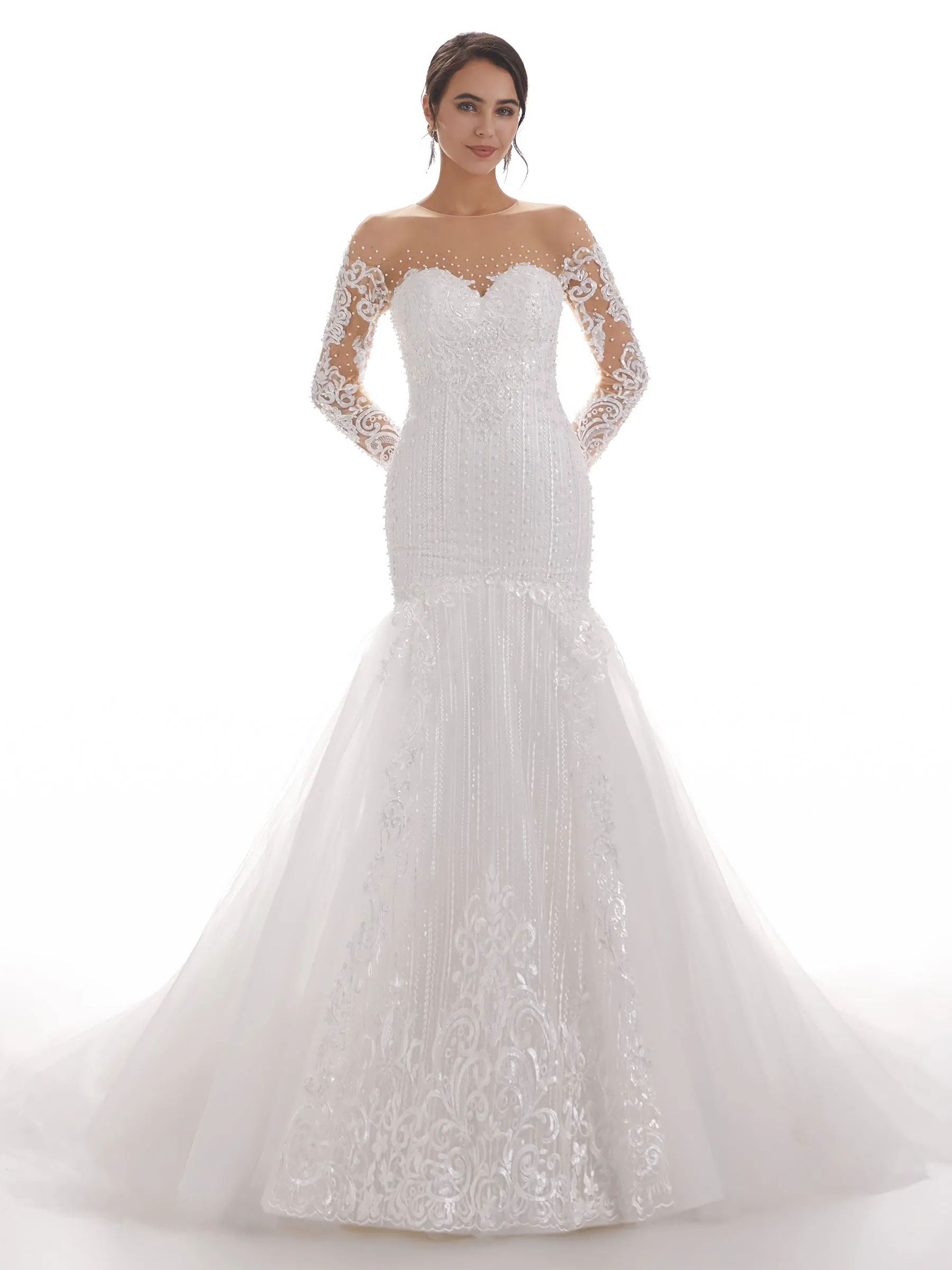 Sweetheart Long Sleeves Long Mermaid Ivory Lace Chapel Train Wedding Dresses sold by ChicSew