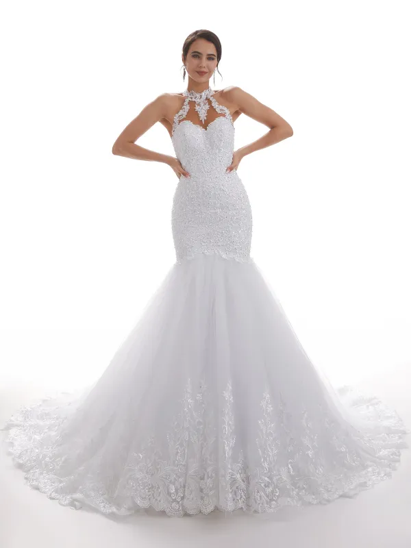 Halter Sexy Mermaid Open Back Long Lace Wedding Dresses sold by ChicSew
