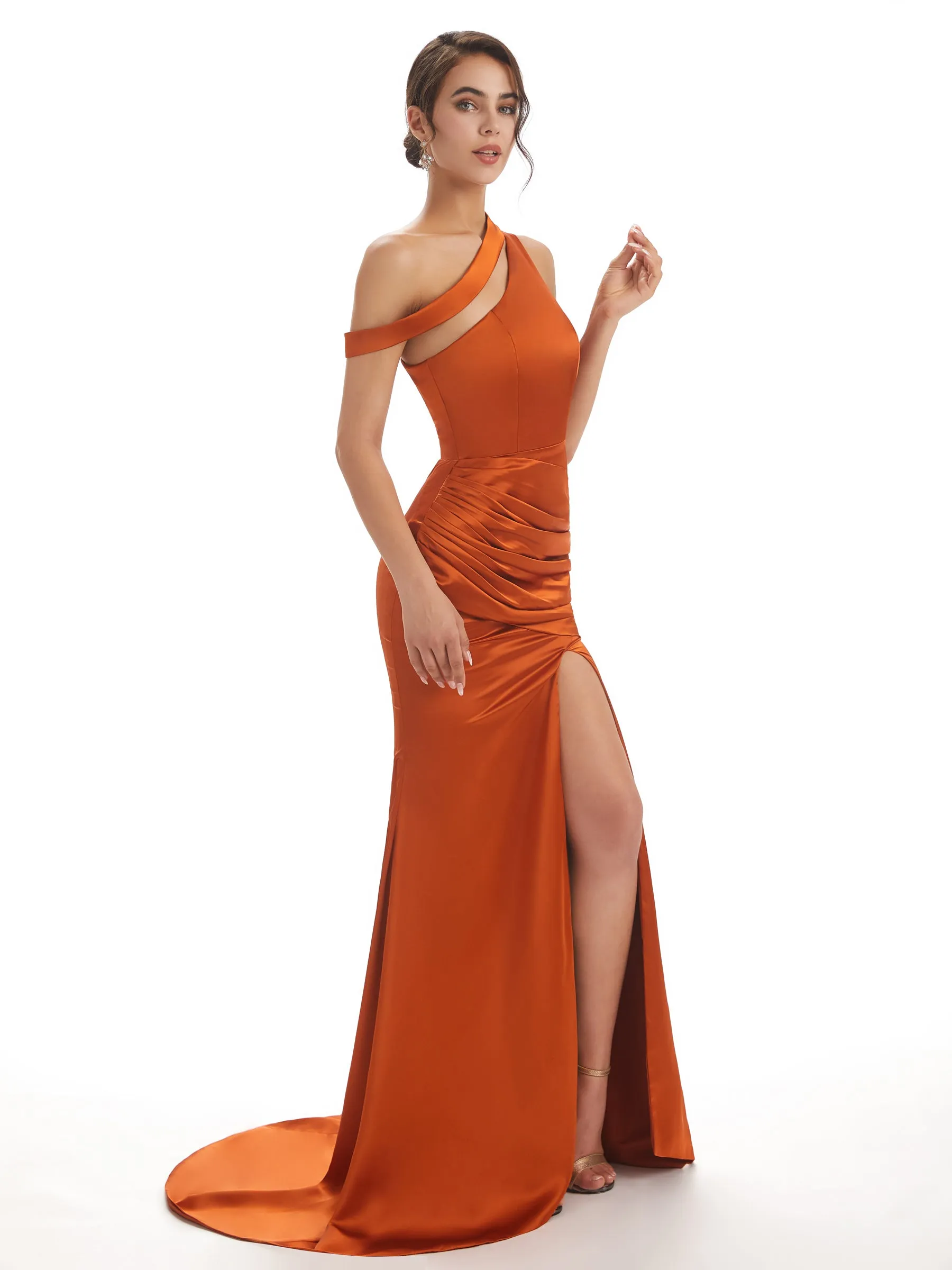 Sexy Soft Satin Side Slit One Shoulder Long Mermaid Bridesmaid Dresses sold by ChicSew product image thumbnail 5