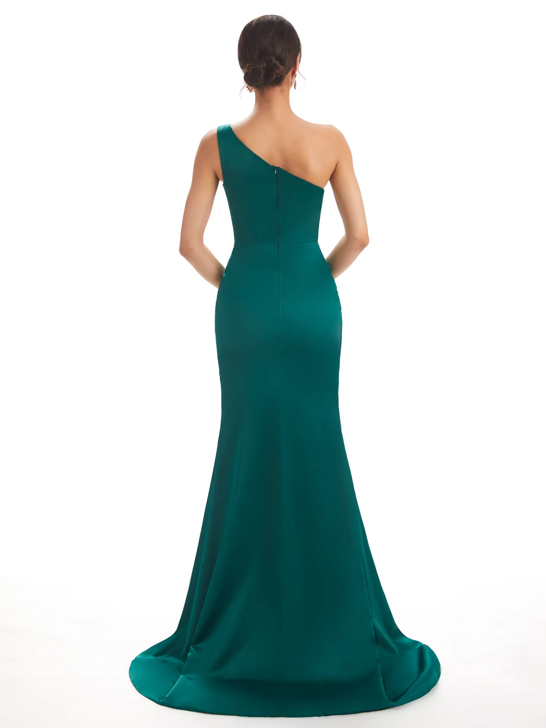 Sexy Soft Satin Side Slit One Shoulder Long Mermaid Bridesmaid Dresses Online sold by ChicSew product image thumbnail 4