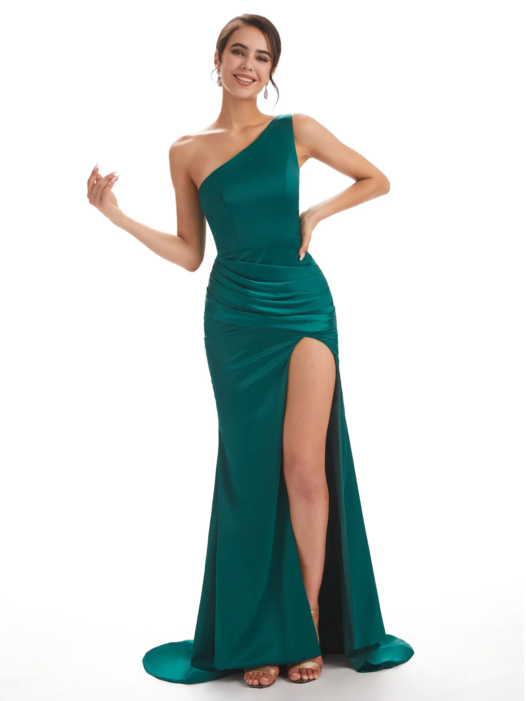 Sexy Soft Satin Side Slit One Shoulder Long Mermaid Bridesmaid Dresses Online sold by ChicSew product image thumbnail 2