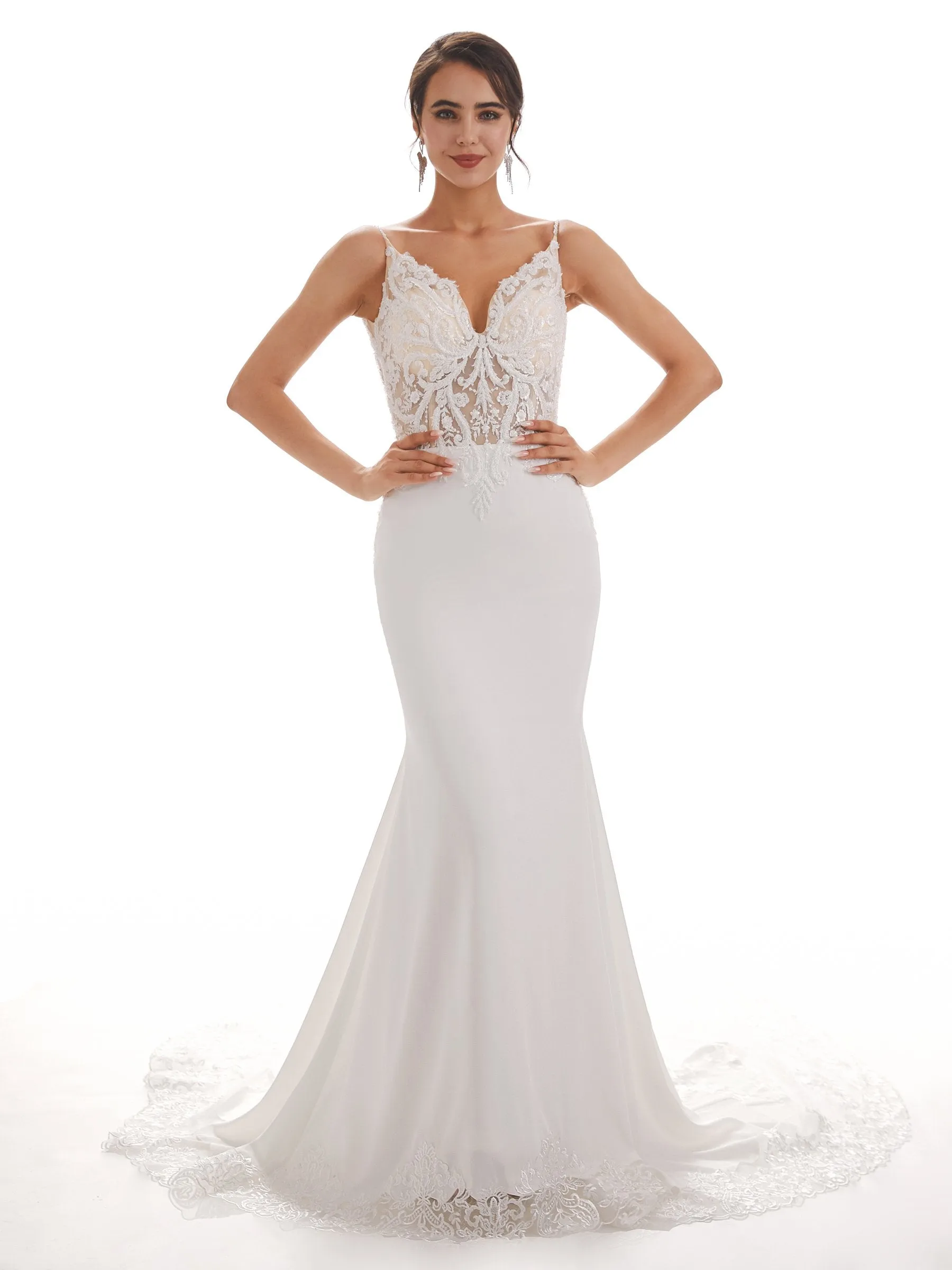 Spaghetti Straps Mermaid Ivory Backless Lace Wedding Dresses sold by ChicSew