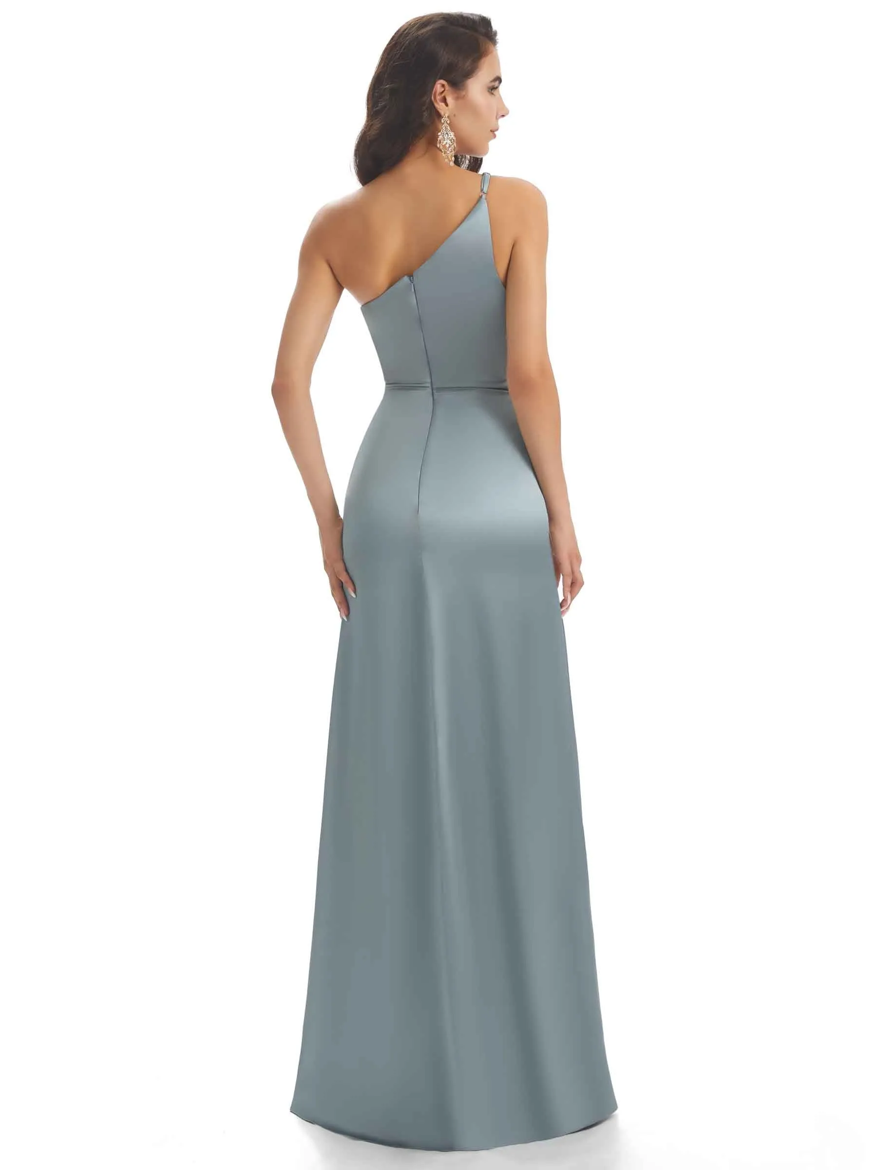 Sexy Soft Satin One Shoulder Side Slit Mermaid Long Bridesmaid Dresses sold by ChicSew product image thumbnail 4