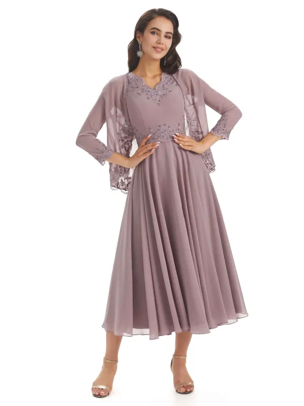 Elegant A-line Chiffon V-neck Tea-length Two pieces Mother Of The Bride Dresses sold by ChicSew