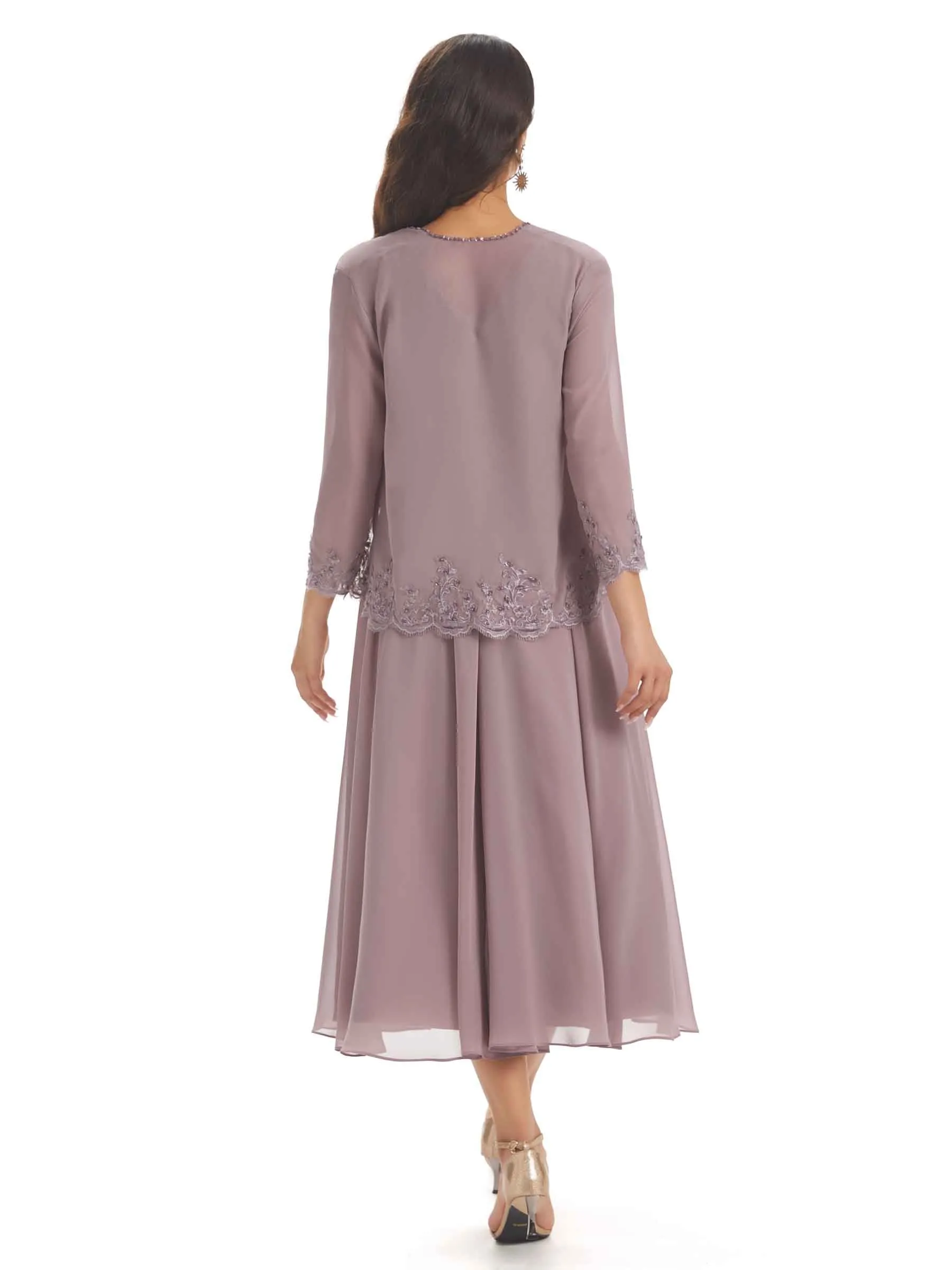 Elegant A-line Chiffon V-neck Tea-length Two pieces Mother Of The Bride Dresses sold by ChicSew product image thumbnail 4