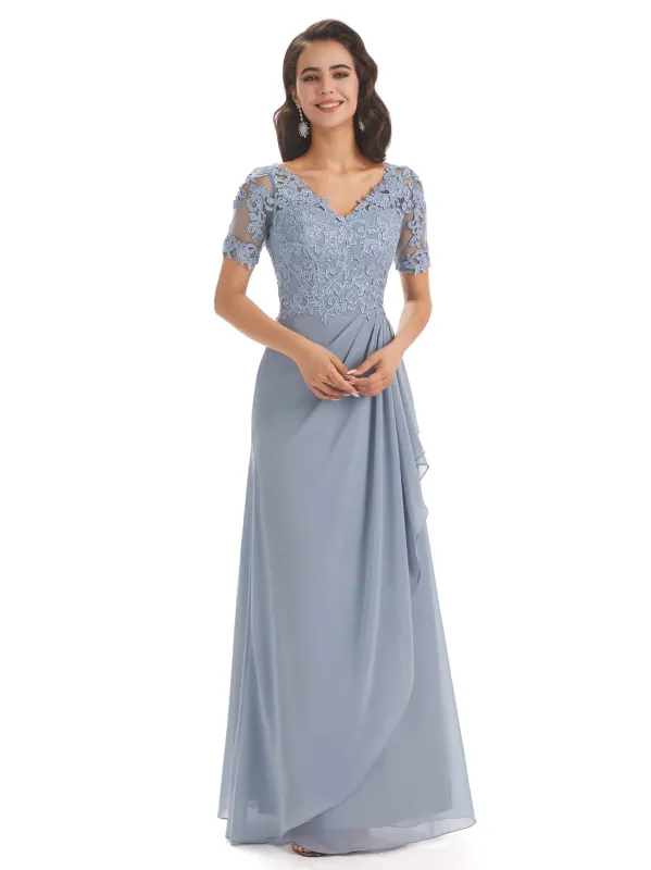 Elegant Lace Short Sleeves Chiffon V-neck Floor-length Mother of The Bride Dresses sold by ChicSew