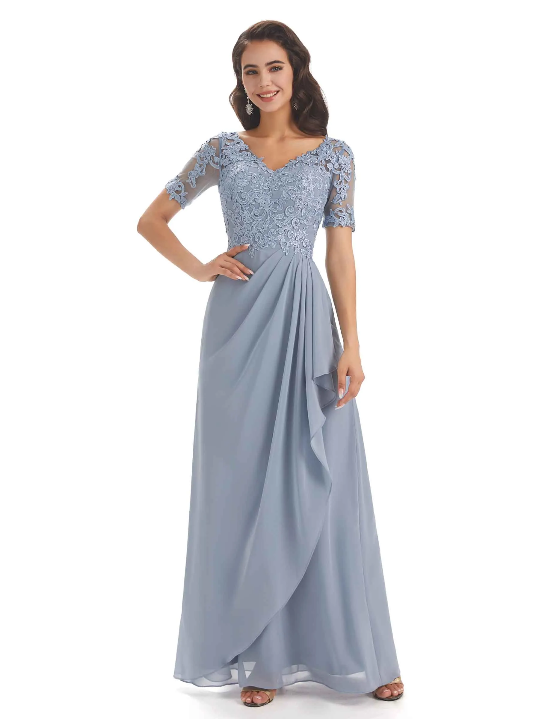 Elegant Lace Short Sleeves Chiffon V-neck Floor-length Mother of The Bride Dresses sold by ChicSew product image thumbnail 5