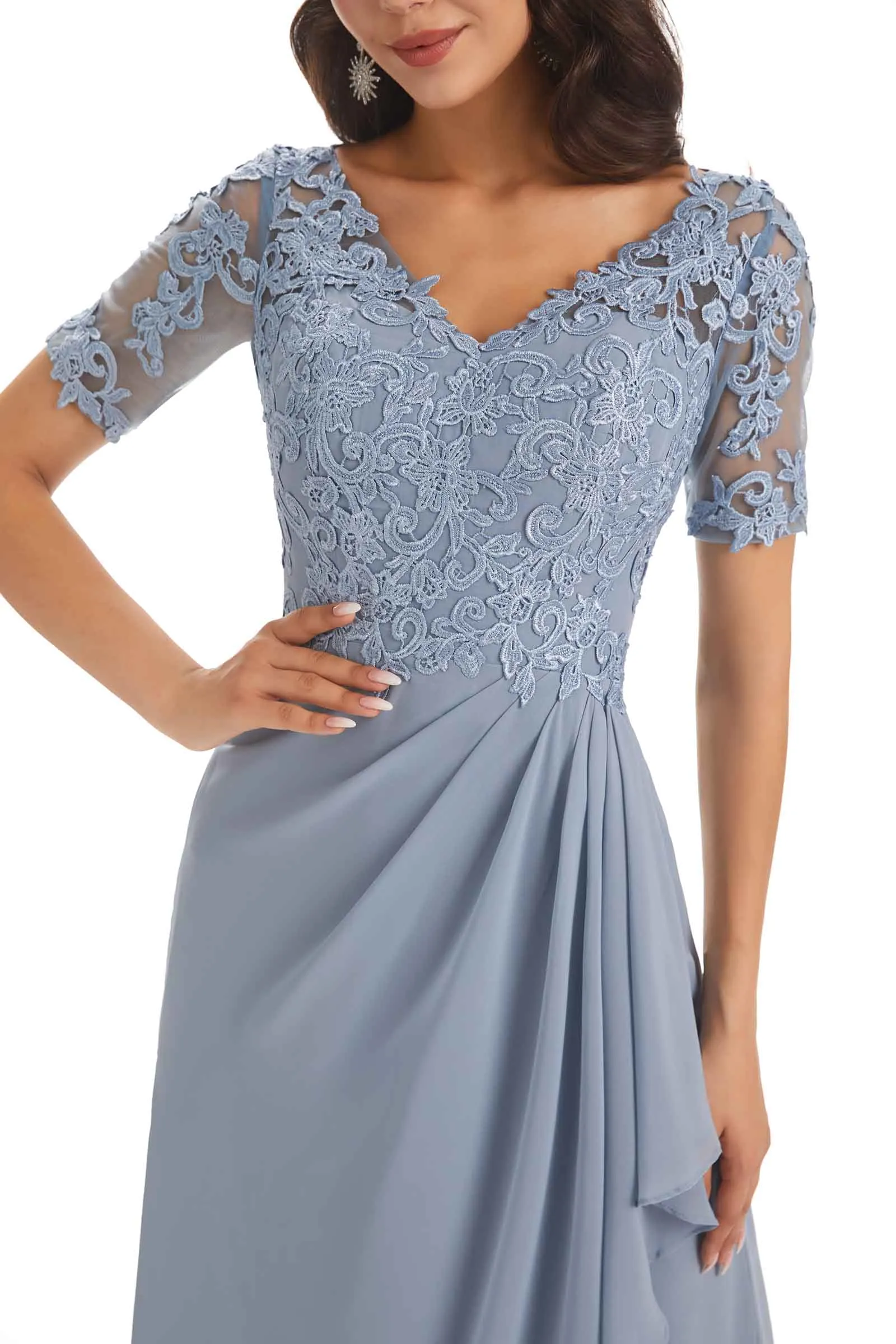 Elegant Lace Short Sleeves Chiffon V-neck Floor-length Mother of The Bride Dresses sold by ChicSew product image thumbnail 4