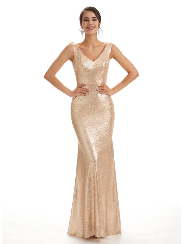 Sparkly Sequin V-neck Floor-Length Mermaid Bridesmaid Dresses sold by ChicSew