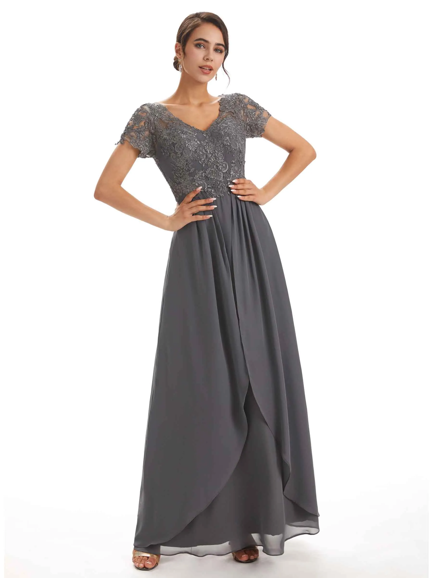 Chiffon Short Sleeves V-neck Applique Floor-Length Elegant Mother Of The Groom Dresses sold by ChicSew