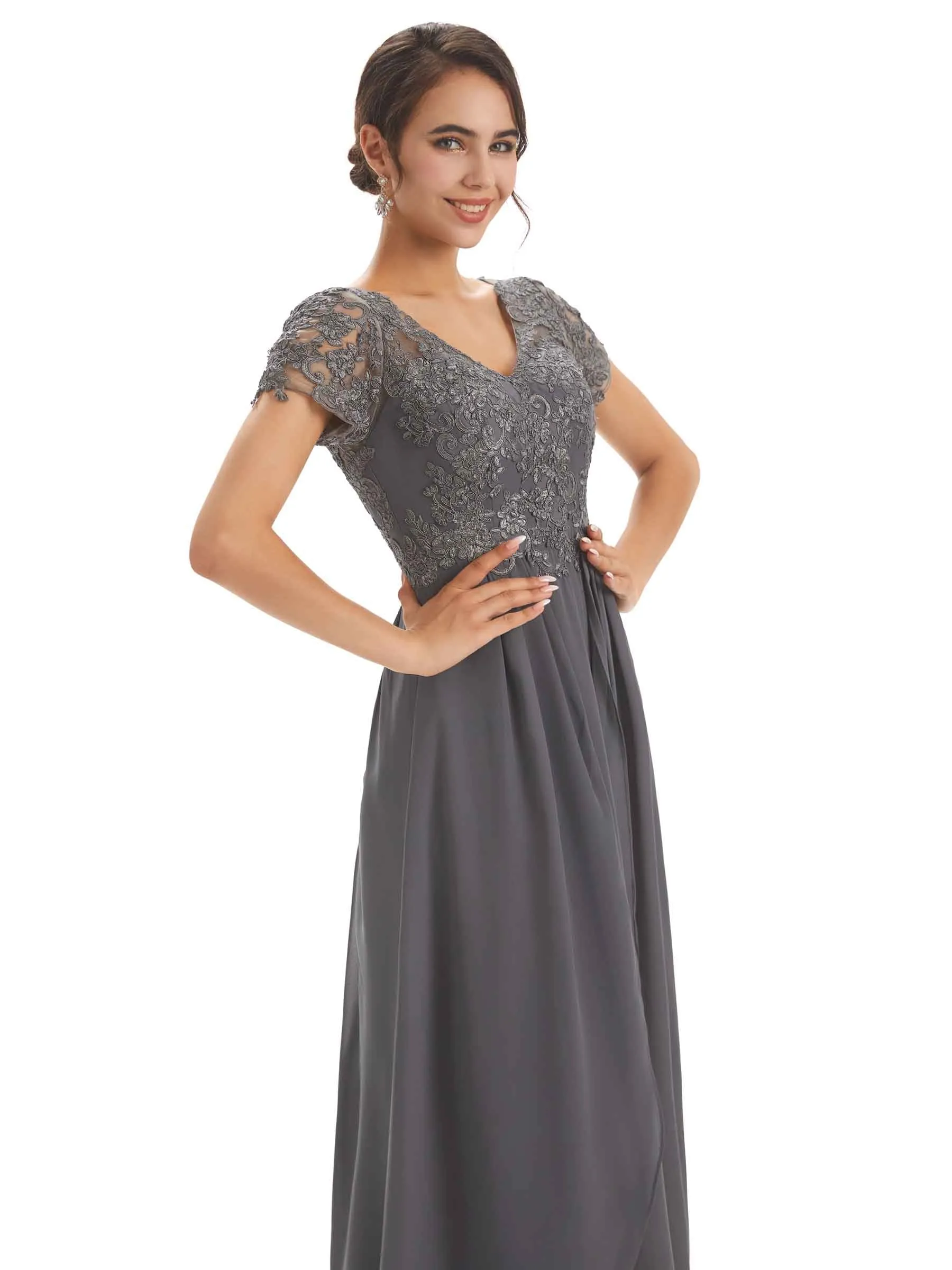 Chiffon Short Sleeves V-neck Applique Floor-Length Elegant Mother Of The Groom Dresses sold by ChicSew product image thumbnail 2