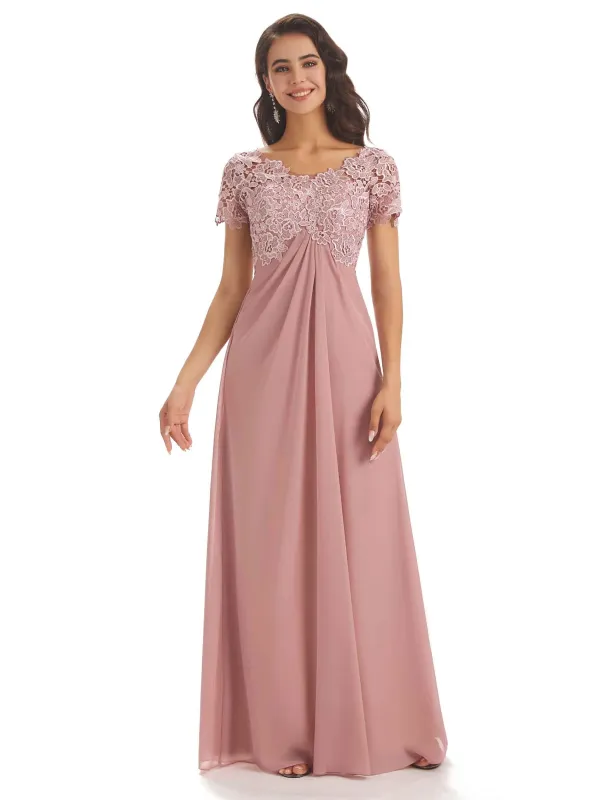 Elegant Chiffon Short Sleeves Lace Applique Floor-Length A-line Mother Of The Groom Dresses sold by ChicSew
