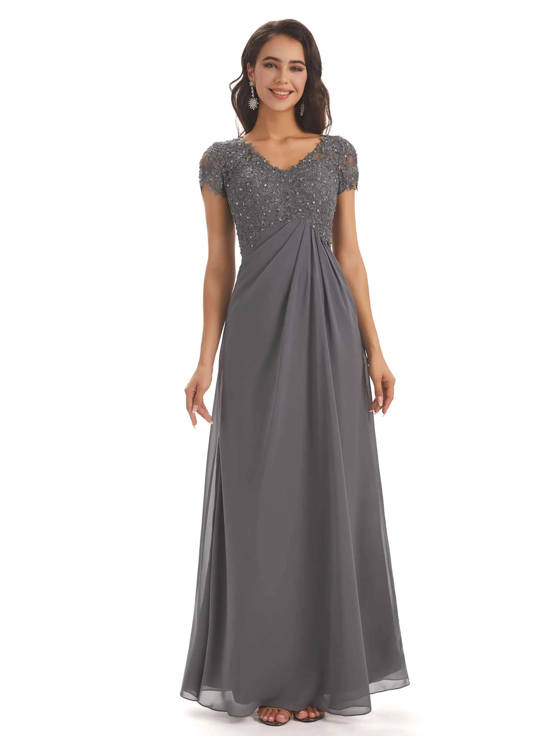 Elegant Short Sleeves Beaded Pleats A-line Floor-Length Mother of The Bride Dresses sold by ChicSew