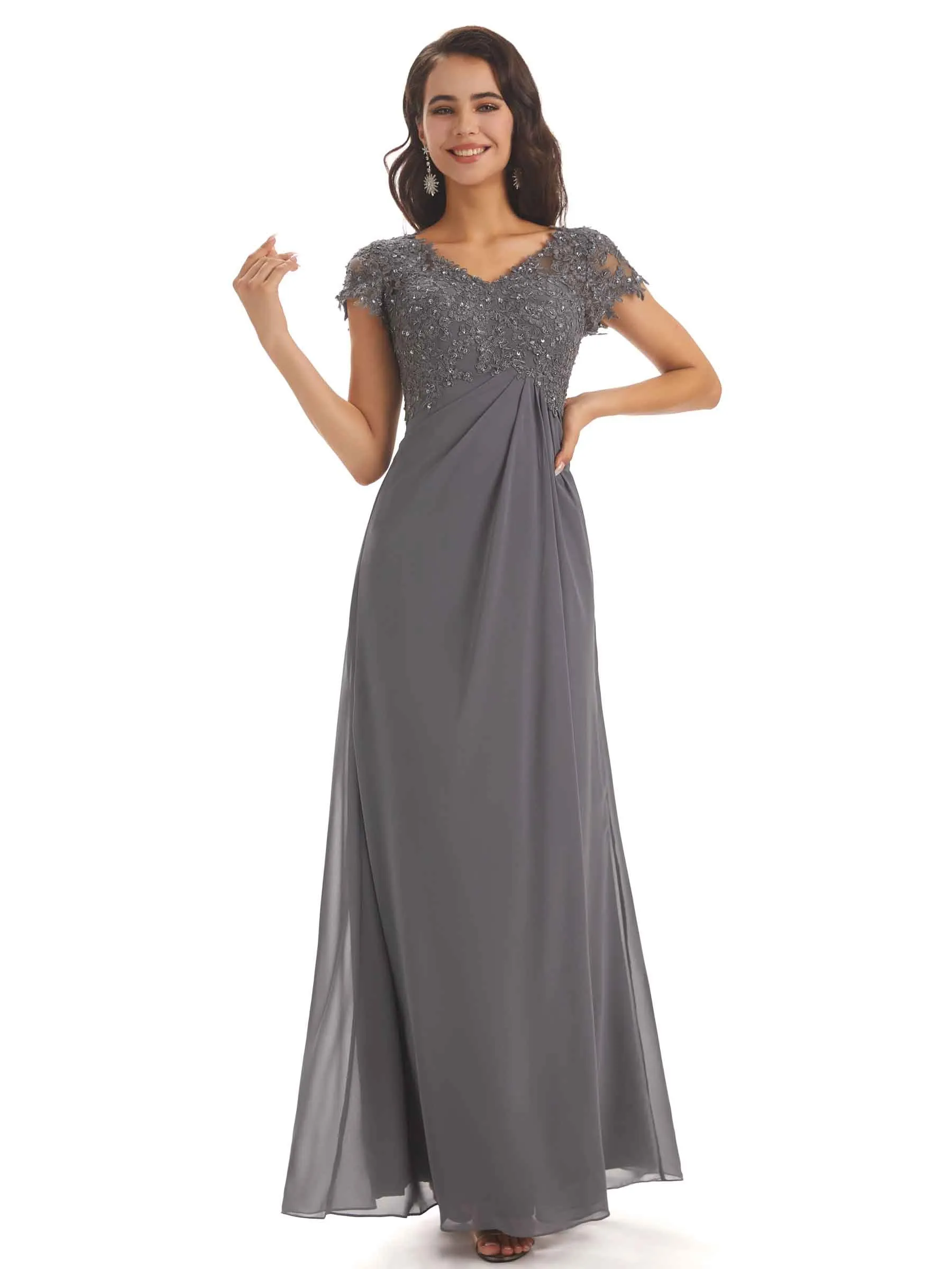 Elegant Short Sleeves Beaded Pleats A-line Floor-Length Mother of The Bride Dresses sold by ChicSew product image thumbnail 4