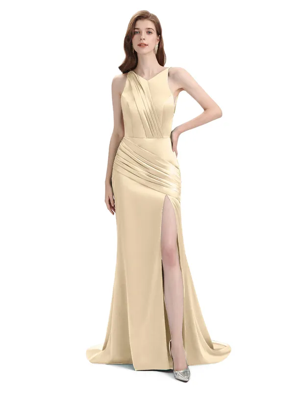 Sexy Soft Satin Mismatched Champagne Mermaid Long Bridesmaid Dresses Online, Maid of Honor Dresses sold by ChicSew product image thumbnail 4