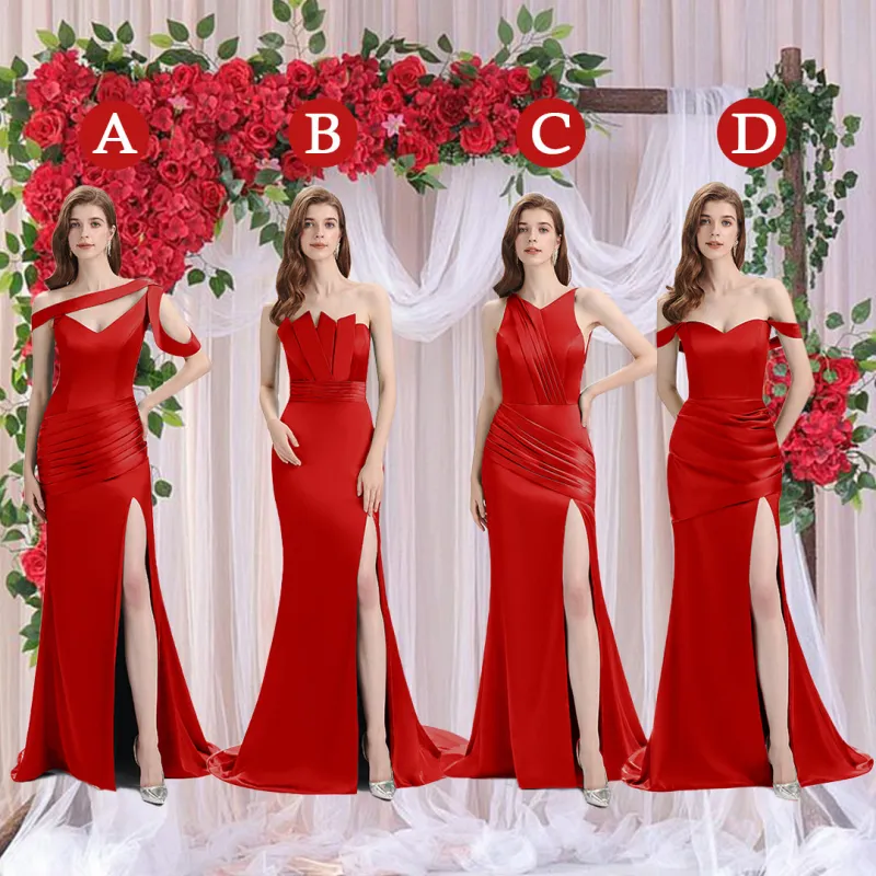 Sexy Soft Satin Mismatched Red Mermaid Long Bridesmaid Dresses Online, Red Maid of Honor Dresses sold by ChicSew