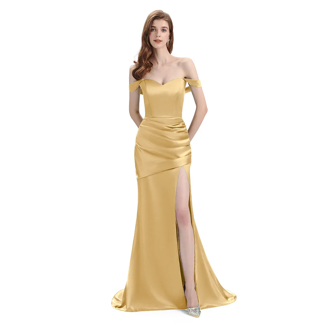 Sexy Side Slit Mismatched Soft Satin Mermaid Long Gold Bridesmaid Dresses sold by ChicSew product image thumbnail 5