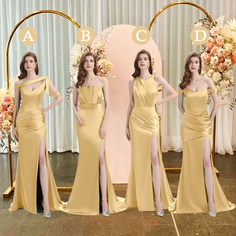 Sexy Side Slit Mismatched Soft Satin Mermaid Long Gold Bridesmaid Dresses sold by ChicSew