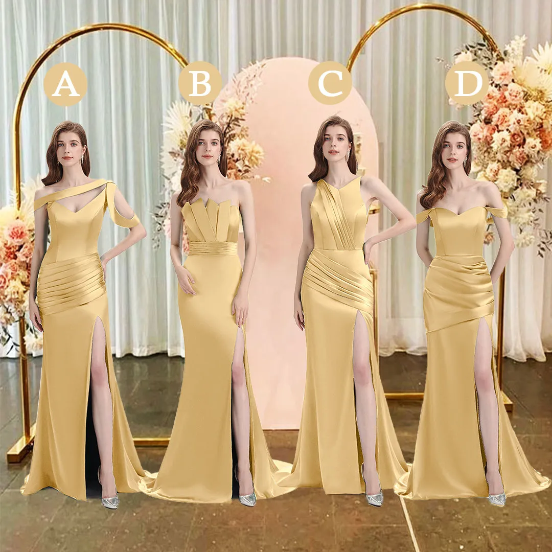 Sexy Side Slit Mismatched Soft Satin Mermaid Long Gold Bridesmaid Dresses sold by ChicSew