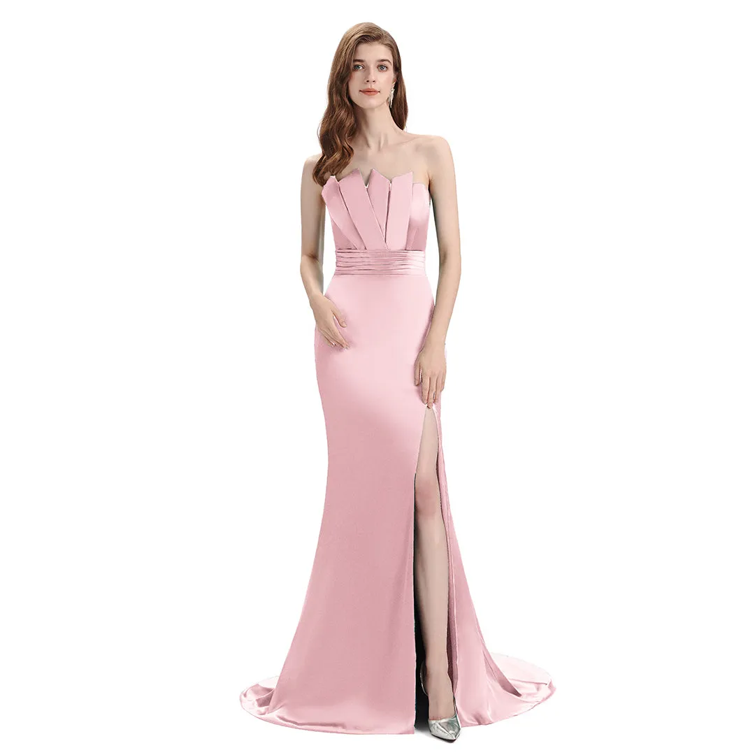 Sexy Side Slit Mismatched Blush Pink Soft Satin Mermaid Long Bridesmaid Dresses sold by ChicSew product image thumbnail 3