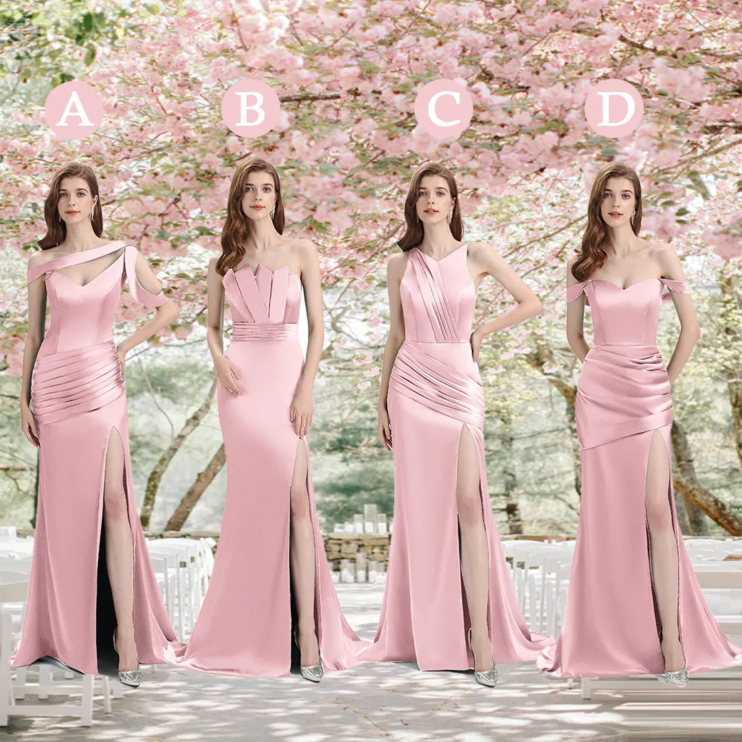 Sexy Side Slit Mismatched Blush Pink Soft Satin Mermaid Long Bridesmaid Dresses sold by ChicSew