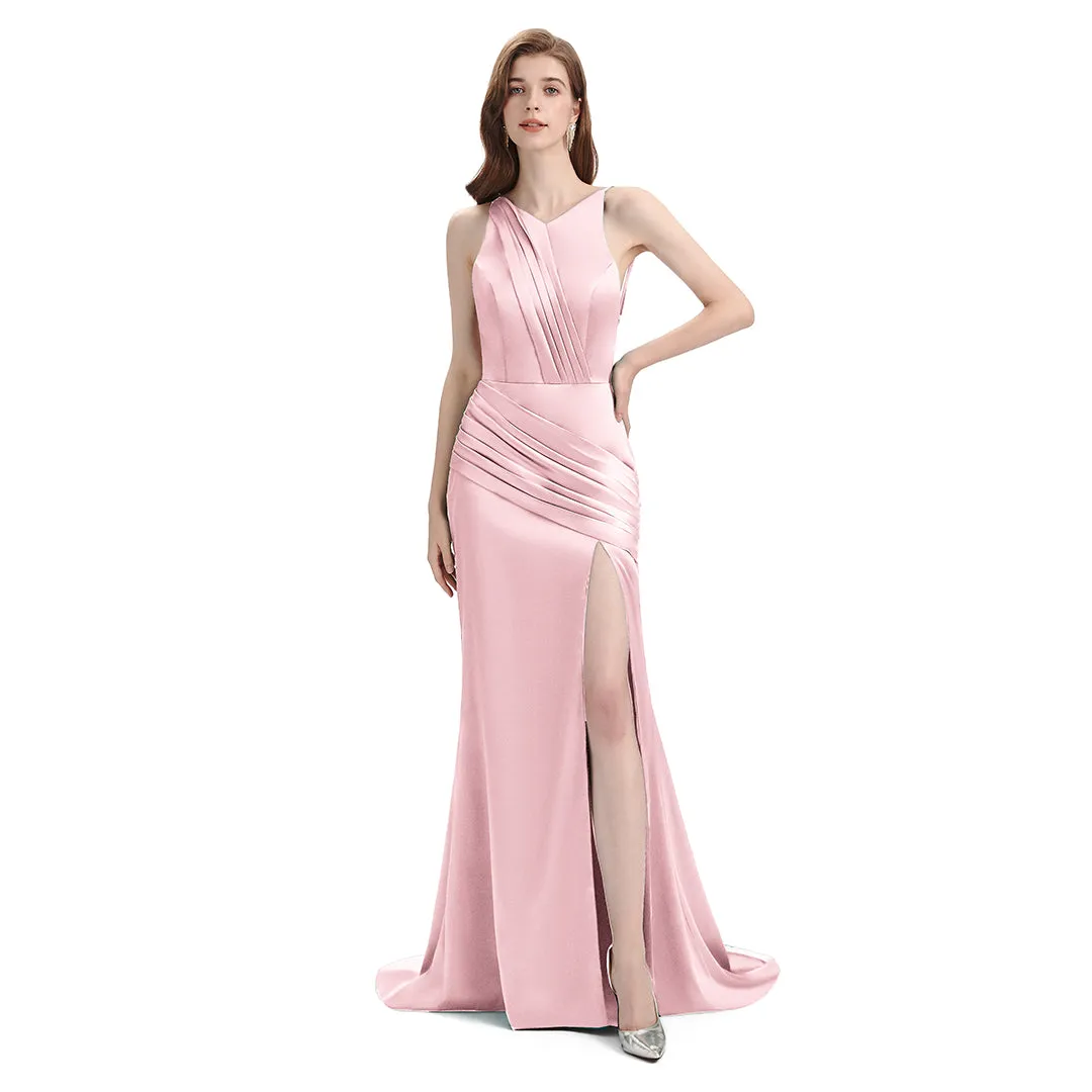Sexy Side Slit Mismatched Blush Pink Soft Satin Mermaid Long Bridesmaid Dresses sold by ChicSew product image thumbnail 4