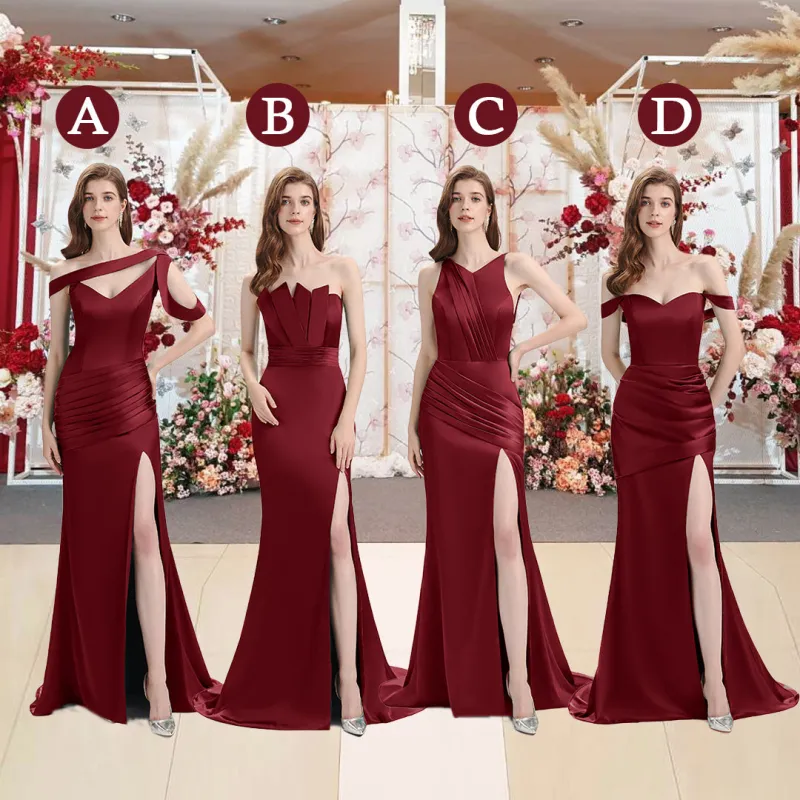 Unique Mismatched Side Slit Soft Satin Cheap Mermaid Burgundy Maid Of Honor Dresses sold by ChicSew