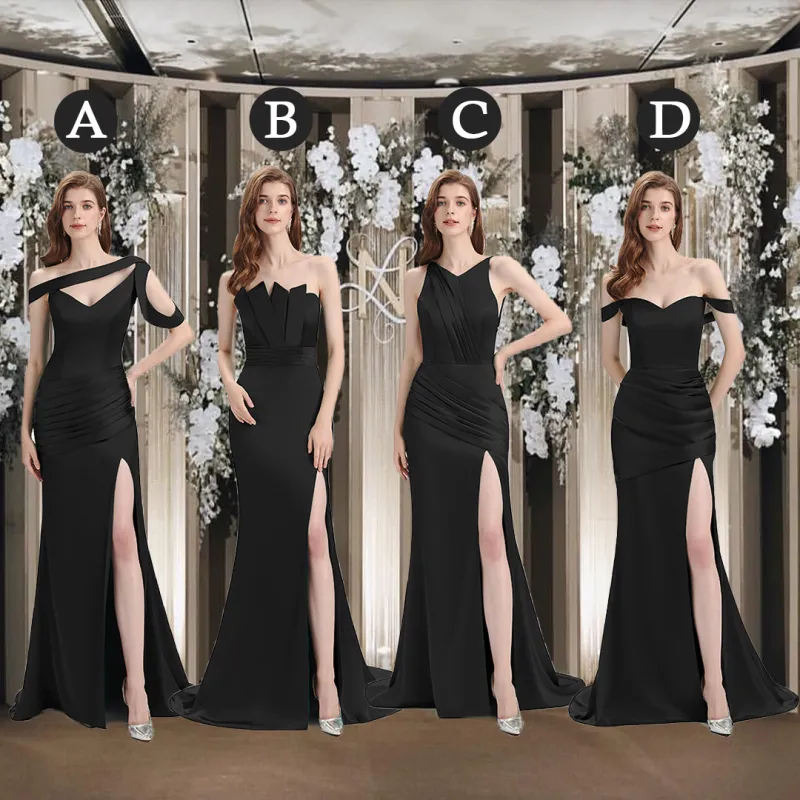 Sexy Mismatched Side Slit Soft Satin Long Mermaid Black Bridesmaid Dresses sold by ChicSew