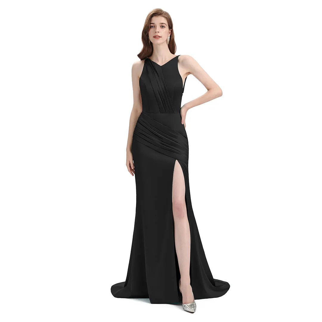Sexy Mismatched Side Slit Soft Satin Long Mermaid Black Bridesmaid Dresses sold by ChicSew product image thumbnail 4