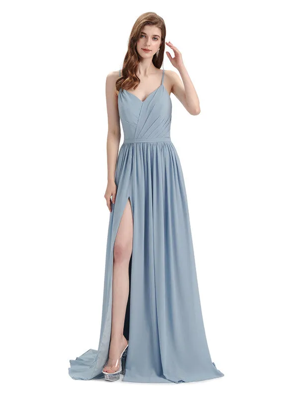 Spaghetti Straps A-line Chiffon Side Slit Long Bridesmaid Dresses sold by ChicSew