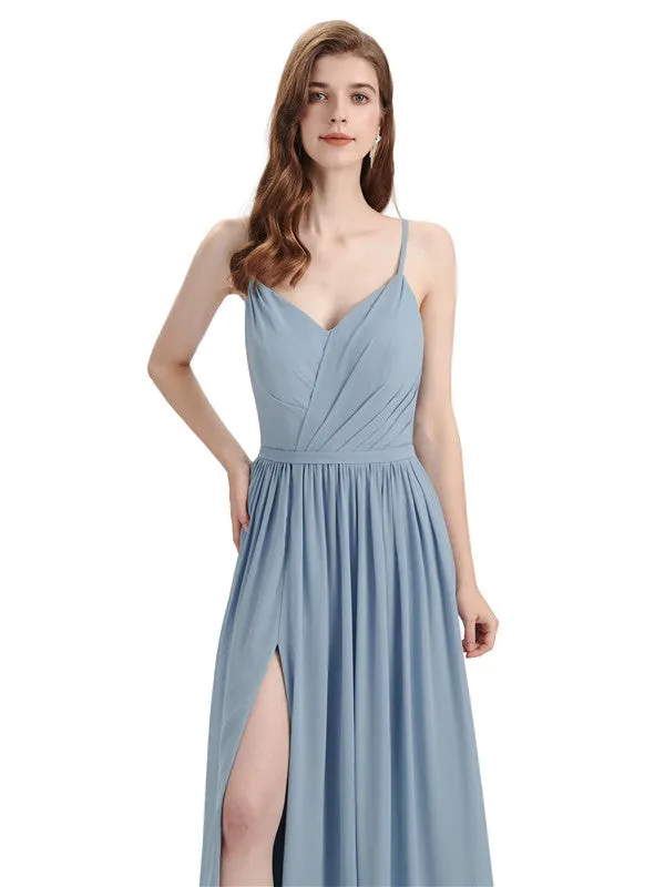 Spaghetti Straps A-line Chiffon Side Slit Long Bridesmaid Dresses sold by ChicSew product image thumbnail 2