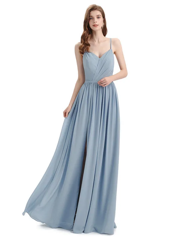 Spaghetti Straps A-line Chiffon Side Slit Long Bridesmaid Dresses sold by ChicSew product image thumbnail 5