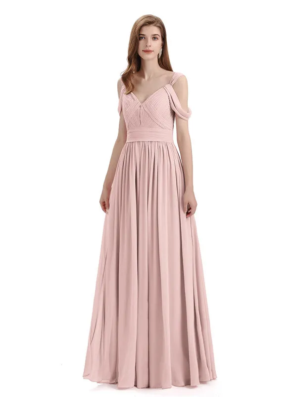 Simple Off-shoulder Chiffon Floor-Length Long Bridesmaid Dresses sold by ChicSew