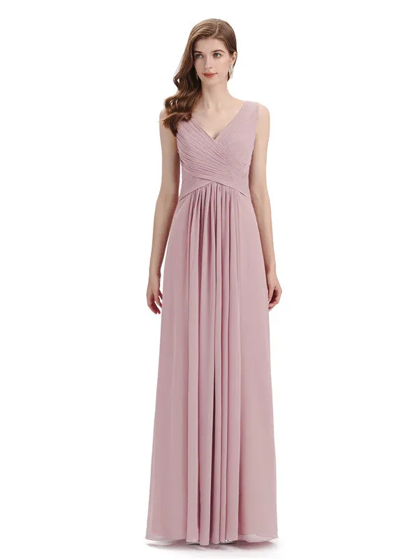 Simple V-neck Chiffon Floor-Length Long Bridesmaid Dresses sold by ChicSew product image thumbnail 4