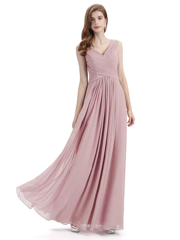 Simple V-neck Chiffon Floor-Length Long Bridesmaid Dresses sold by ChicSew