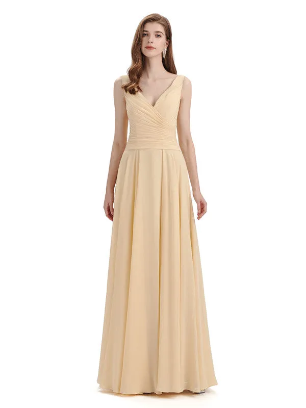 Simple V-neck Chiffon Floor-Length Long Bridesmaid Dresses sold by ChicSew product image thumbnail 4