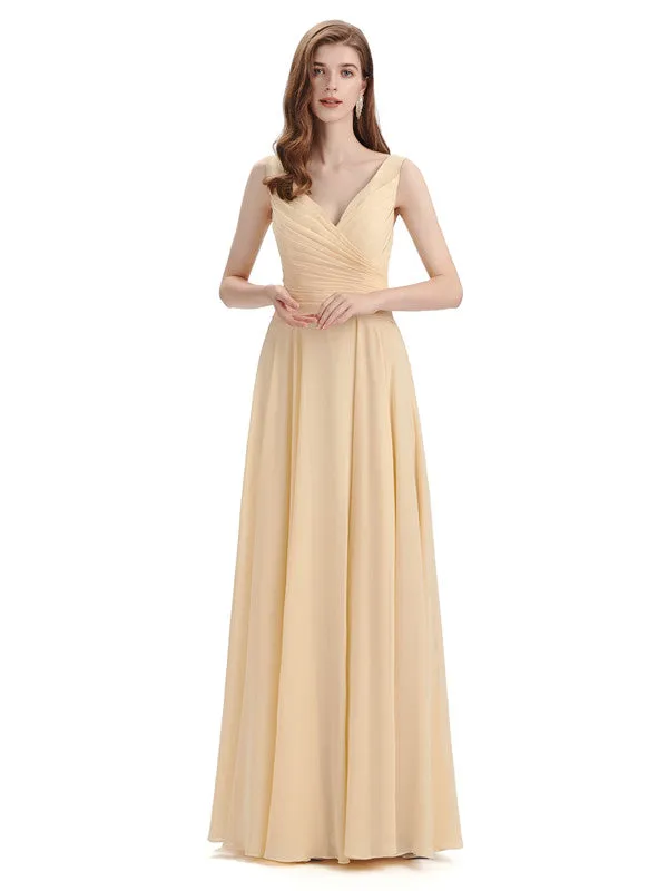 Simple V-neck Chiffon Floor-Length Long Bridesmaid Dresses made by ChicSew