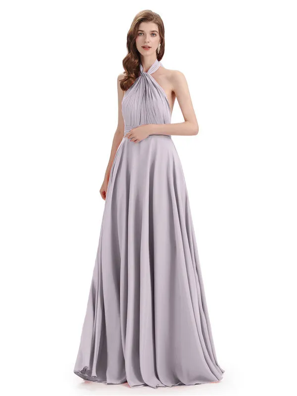 Simple A-Line High Neck Pleats Chiffon Floor Length Bridesmaid Dresses sold by ChicSew