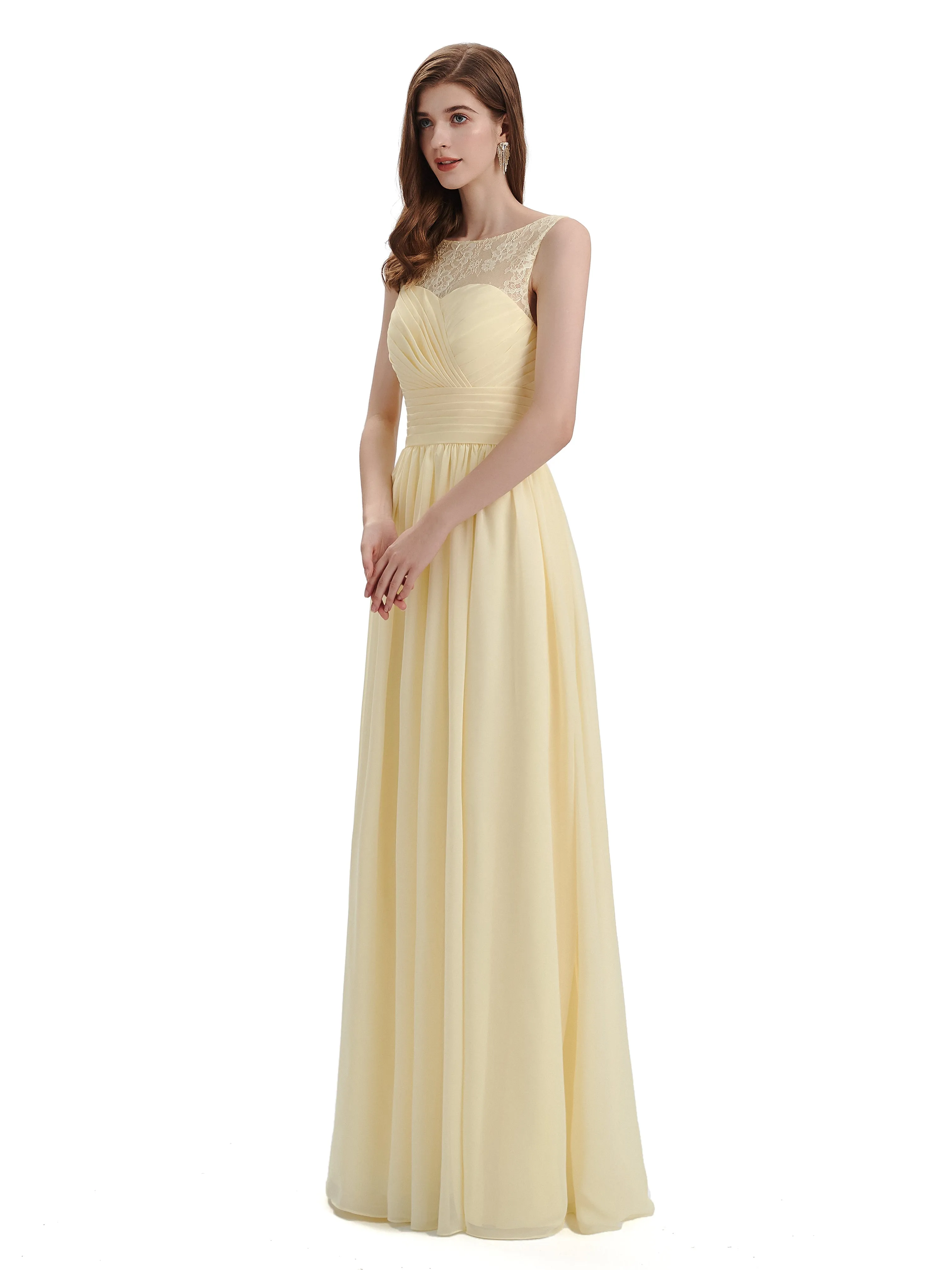 A-Line Round Neck Lace Pleats Floor Length Bridesmaid Dresses sold by ChicSew product image thumbnail 4