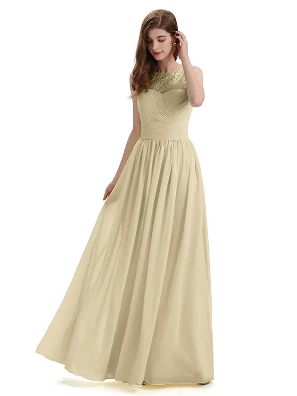 A-Line Round Neck Lace Pleats Floor Length Bridesmaid Dresses sold by ChicSew