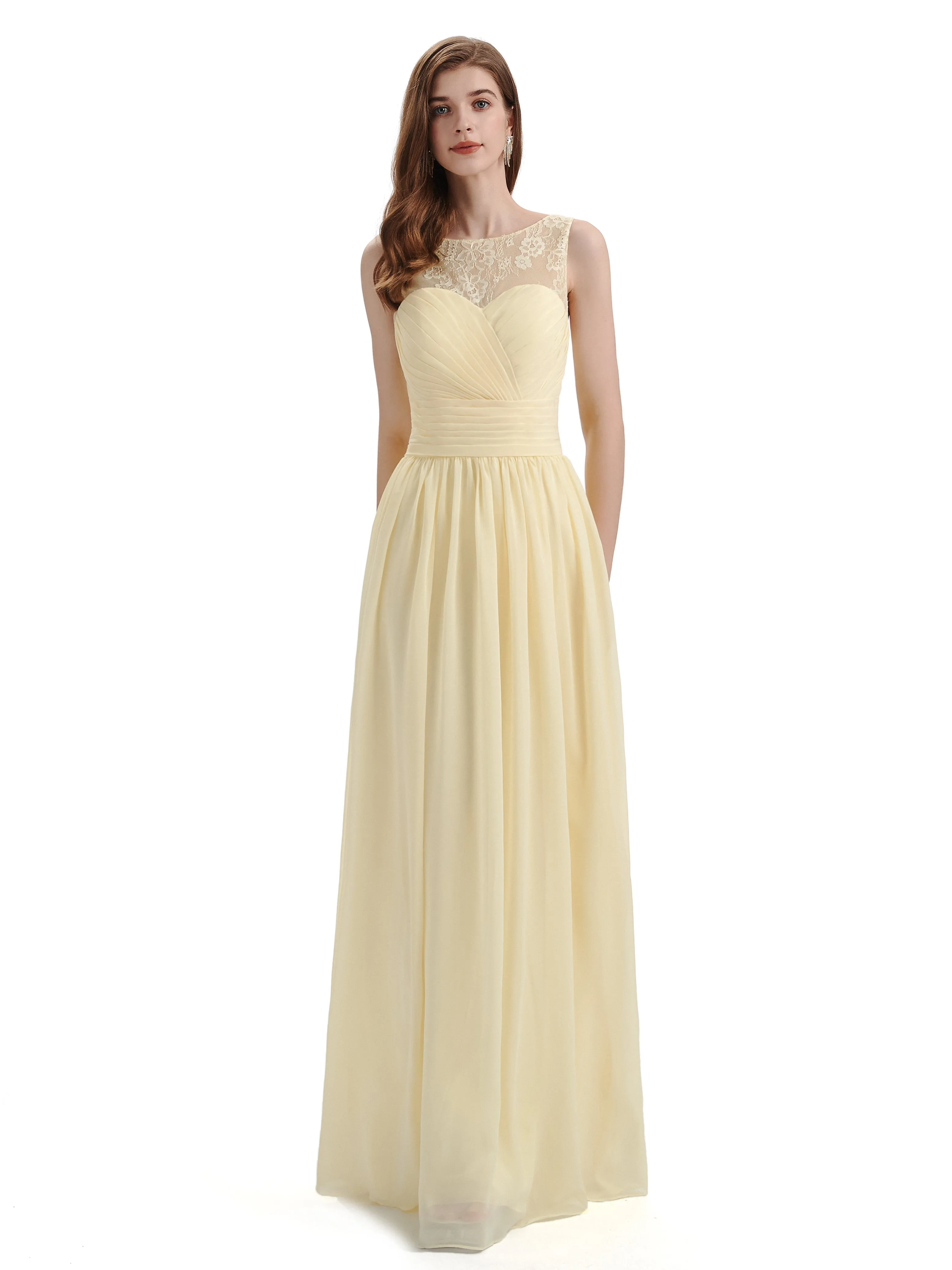 A-Line Round Neck Lace Pleats Floor Length Bridesmaid Dresses sold by ChicSew product image thumbnail 5