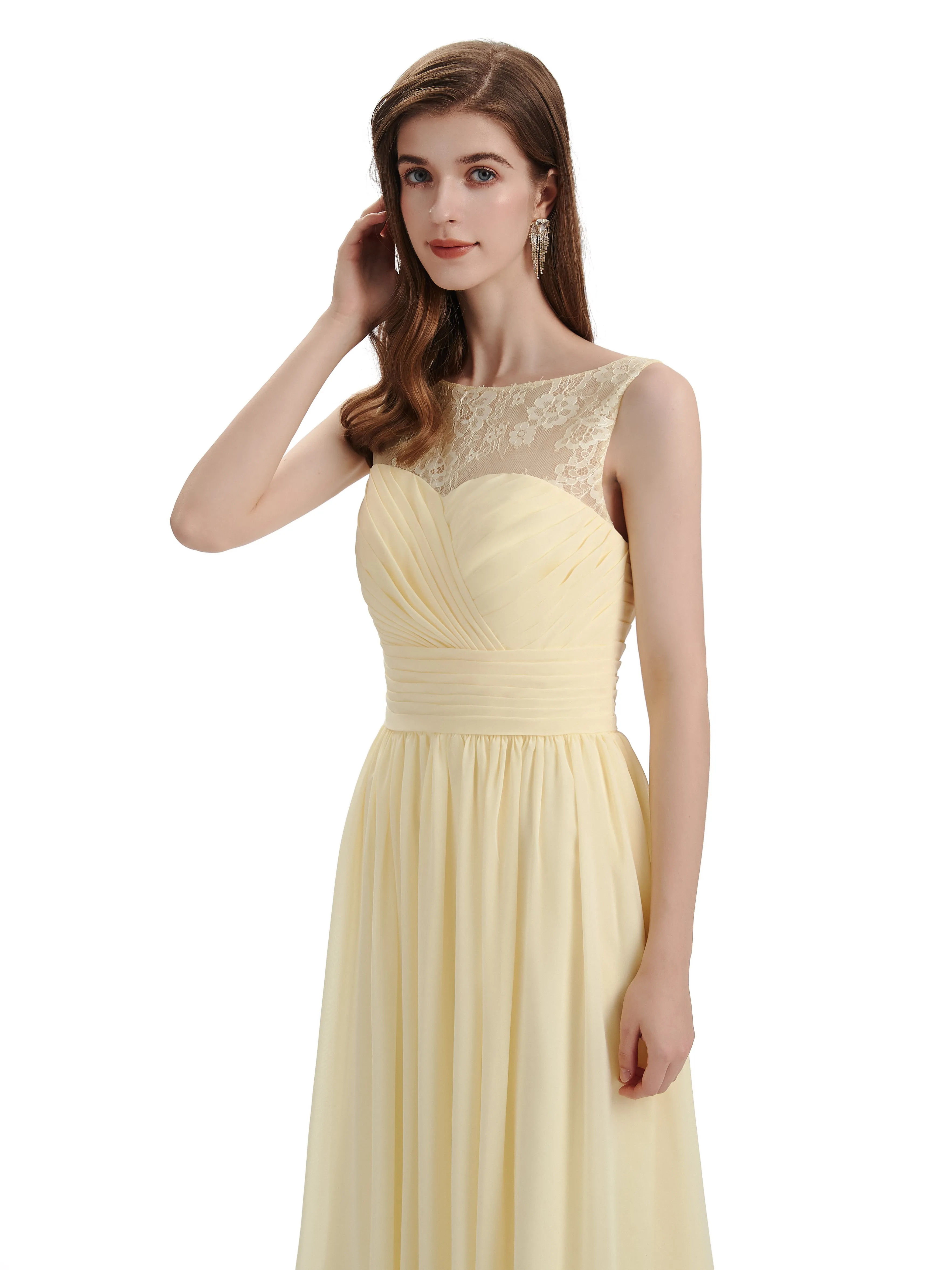 A-Line Round Neck Lace Pleats Floor Length Bridesmaid Dresses sold by ChicSew product image thumbnail 2