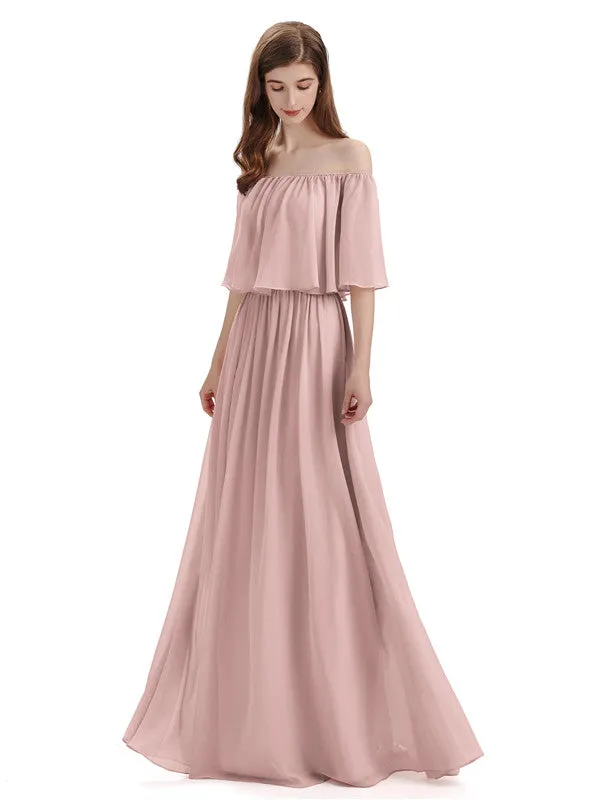Simple A-Line Off The Shoulder Chiffon Long Bridesmaid Dresses sold by ChicSew