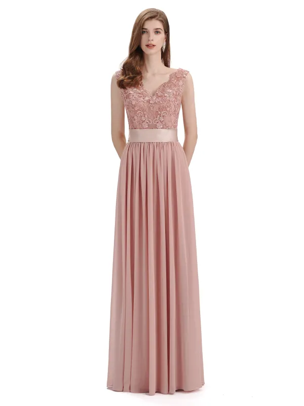 Elegant A-Line V-Neck Lace Chiffon Long Bridesmaid Dresses sold by ChicSew