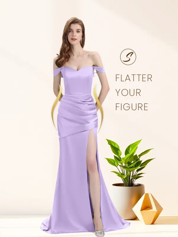 Sexy Soft satin Side Slit Off The Shoulder Floor-Length Mermaid Bridesmaid Dresses sold by ChicSew